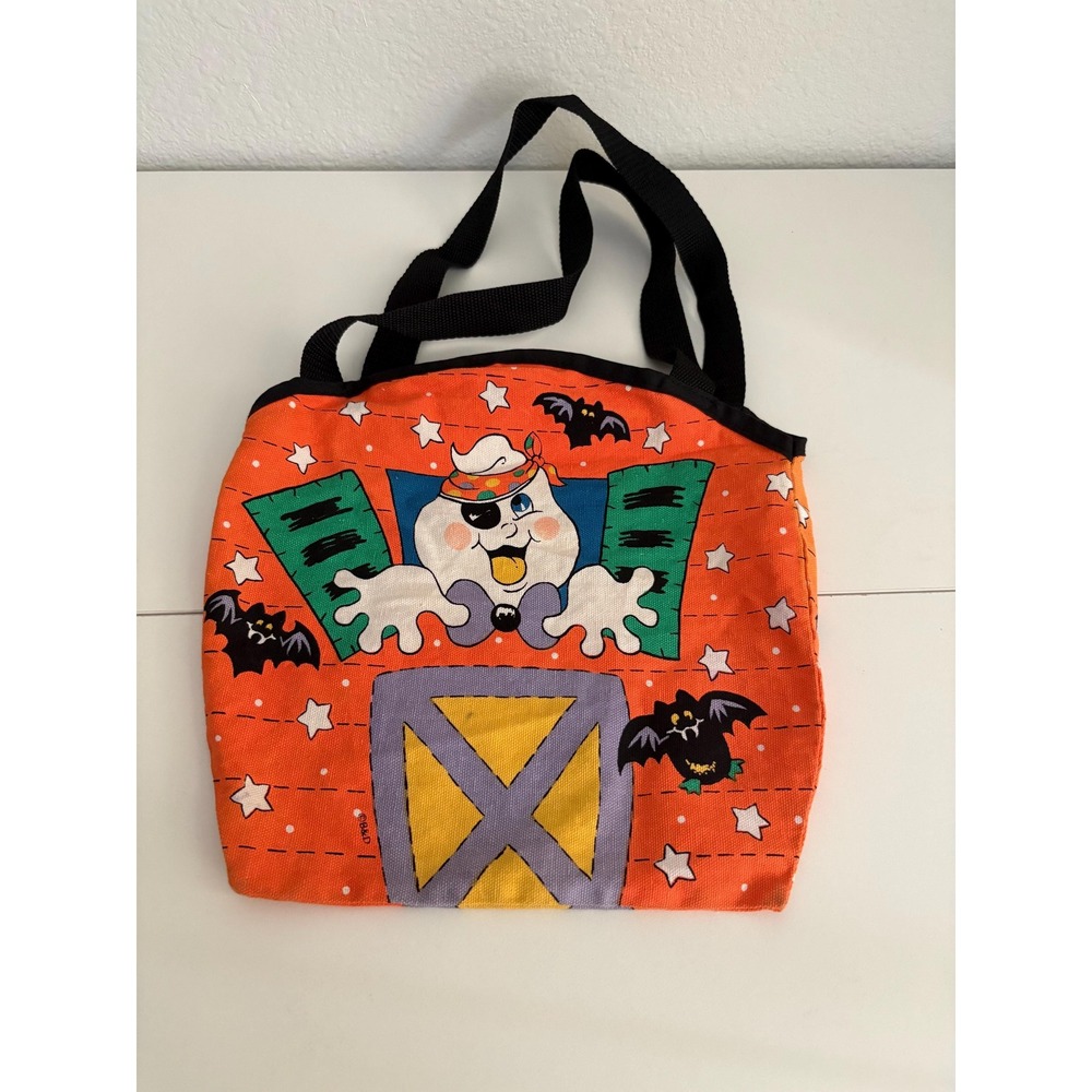 Vintage 1990s B&D Halloween Trick or Treat Bag Ghost Eyepatch Orange Canvas Tote